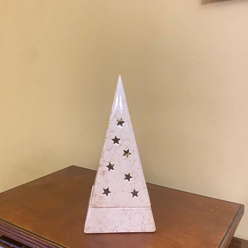 Vintage PartyLite Ceramic Pyramid Lantern Moon Stars Cutout Marble Pattern *chip - Picture 4 of 11
